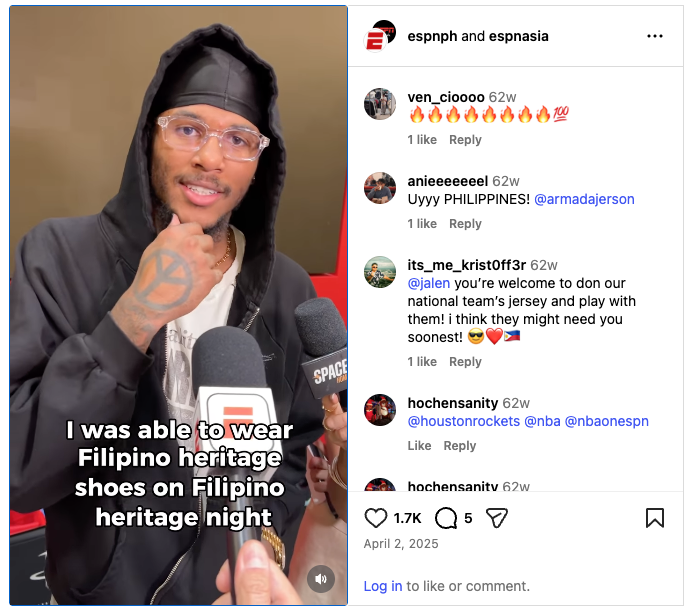 Instagram Reel: Jalen Green on Filipino Heritage Night — 1.7K likes